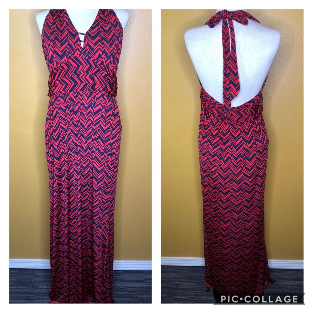 S. Twelve Dress Red Blue Chevron Maxi Halter New